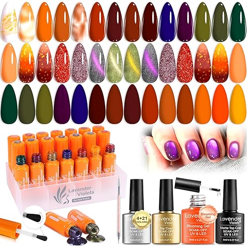 Lavender Violets 25 Pcs Gel Nail Polish Set Nude Earth Colors Nail Art Gift with Base,Glossy,Matte Top Coat,Blooming Gel Blossom,Manicure Cat Eye Magnet Dotting Liner Pen UV Varnish Gifts 03