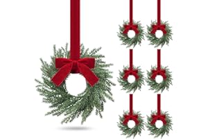 Luinabio 6 Pcs Small Christmas Norfolk Wreaths Evergreen 12.6 Inch Christmas Kitchen Cabinet Mini Wreaths Real Touch with Bow and Burgundy Ribbon for Xmas Front Door Window Home Table Pillar Decor