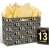 Rumia Black Gold 13th Birthday Gift Bag with Greeting Card, Gift Wrapping Paper Bag for Boys & Girls 13th Birthday Party Supplies