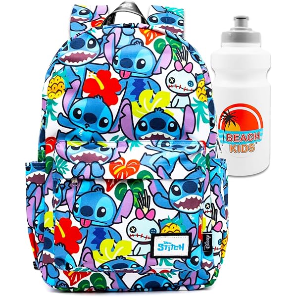 Mochila Stitch Para Niñas, Paquete Con Mochila De 16 Pulgadas Con Bolsillo Frontal Más Botella De Agua, Pegatinas, Más | Juego De Mochila Para Niños