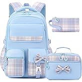 BEFUNIRISE Girls Backpack Set,17 inch School Backpacks Cute Book Bag with Lunch Box for Teen Kid Elementary Middle High School(3PCS Blue, Large)