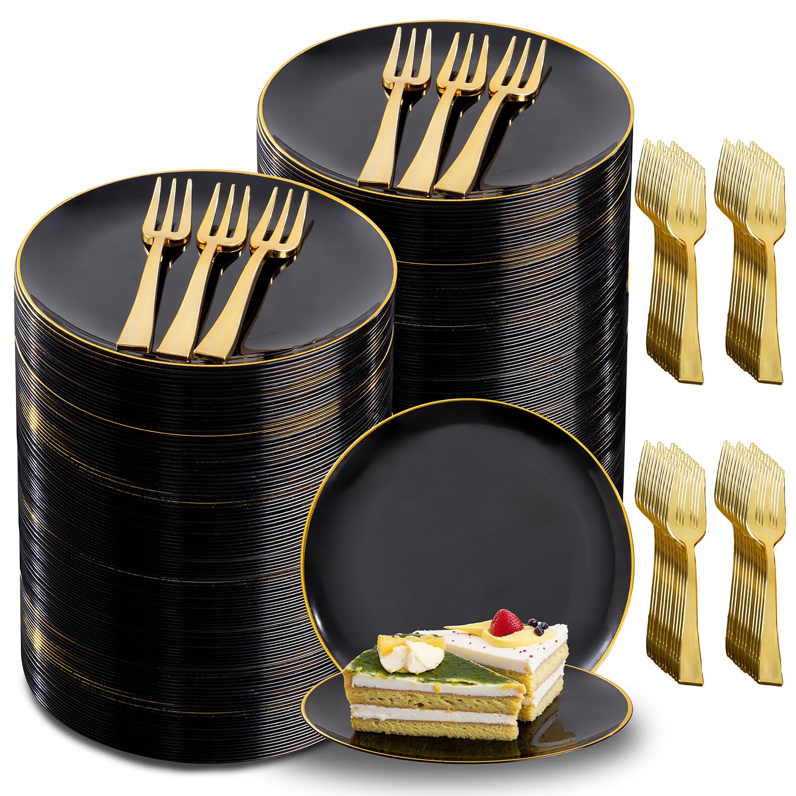 Photo 1 of Festiva 400Pcs Black Gold Dessert Plates 6.3" with Forks 5"- 200PCS Small Disposable Dessert/Cake/Appetizer Plates and 200PCS Forks - Serve 200 Guests for Halloween Party&New Year