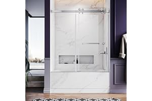 UNIKOO Double Sliding Frameless Bathtub Doors - Fits 56"-60" Widths, 66" Height - 3/8" Tempered Glass - 5 Hardware Finishes - Brushed Nickel, Chrome, Matte Black, Satin Brass, Space Gray, BN
