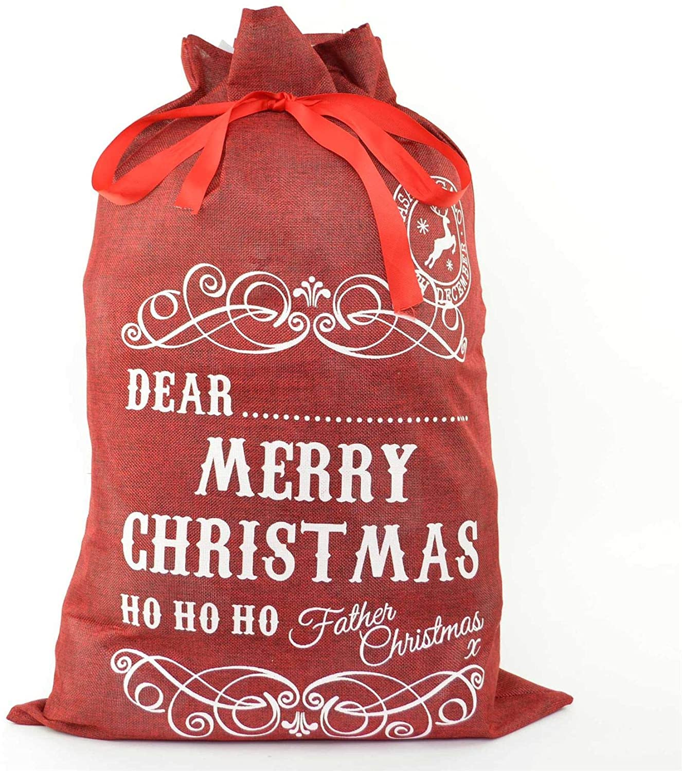 SHATCHI Large Traditional Vintage Hessian Naughty is The New Nice Santa Sack Stocking Accessories Brown Xmas Gifts Bag 70 x 50cm, Personalise Merry Christmas (Red)
