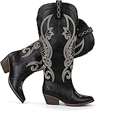 Hawkwell Women's Cowboy Cowgirl Boots Slip On Pointed Toe and Block Heel Shoes with Classic Embroidered Pull On Tall Boot for Ladies Dress Western Knee High Boots