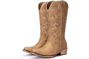 Choiran Cowboy Boots for Women - Embroidered Cowgirl Boots Western Mid Calf Fashion Chunky Heel Pointed Toe Country Boot