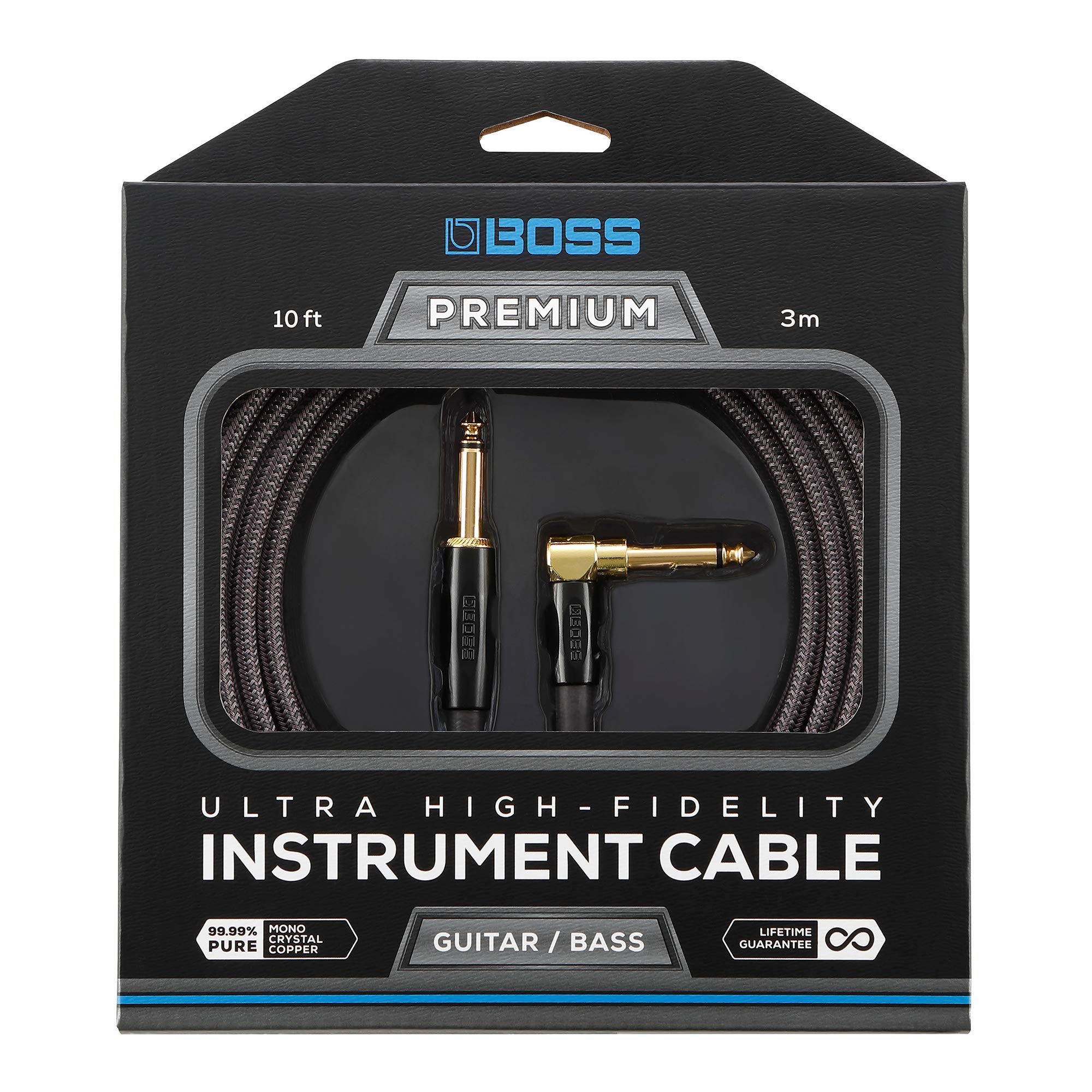 BOSS BIC-P10A Ultra High-Fidelity Instrument Cable – 10ft / 3m – Straight to Right-Angled 1/4" 24K Gold Connectors – For Guitar and Bass giving Superior Tone, Noise Reduction and Lasting Durability