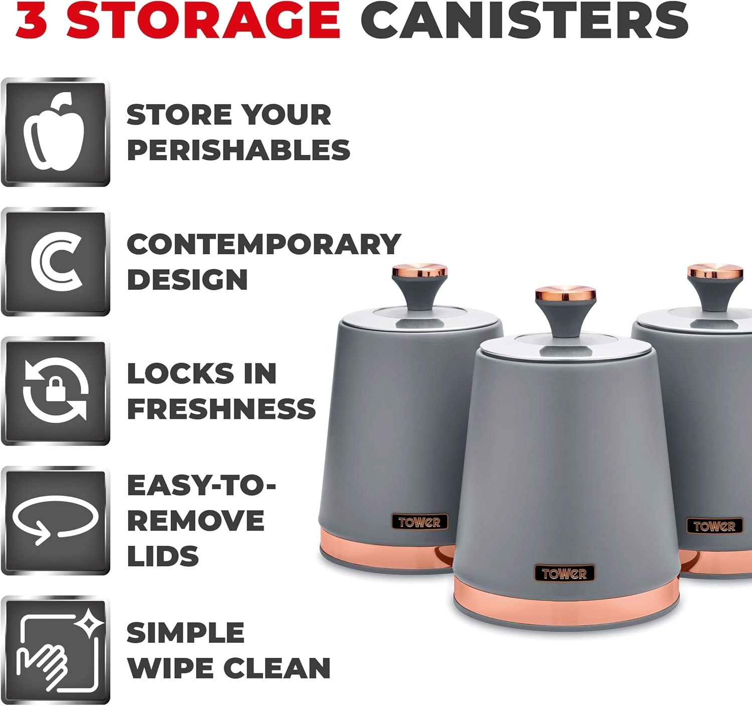 Tower T826131GRY Cavaletto Set of 3 Storage Canisters for Tea/Coffee/Sugar, Steel, Grey and Rose Gold, Canister Set - Image 3
