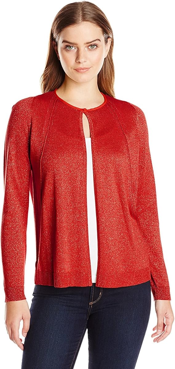 Anne Klein Women's Lurex Cardigan Sweater, Vibrant Red, Large at Amazon