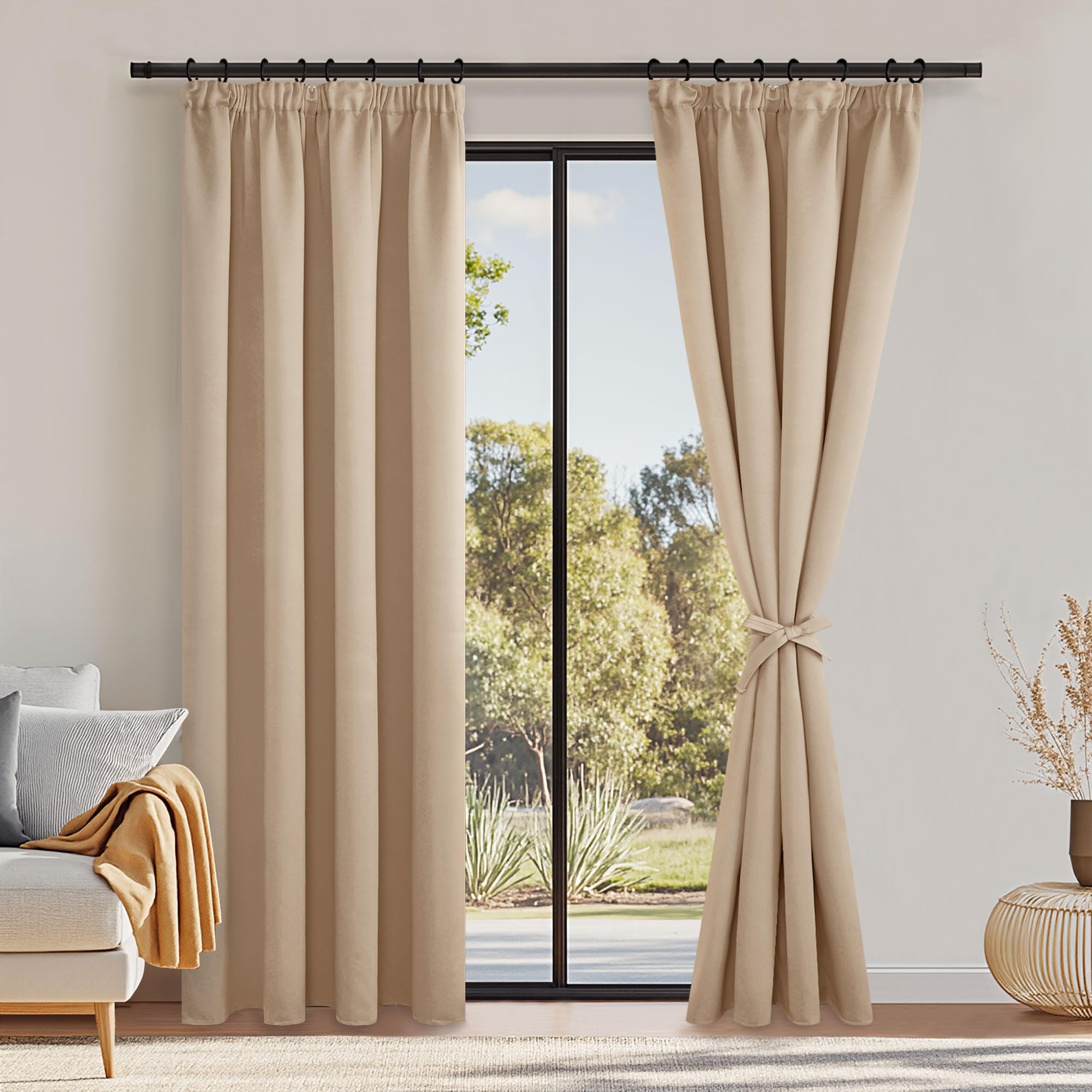 DWCN Pencil Pleat Curtains Blackout Curtains for Bedroom Thermal Insulated Room Darkening Curtain for Living Room 46 x 90 inch Length, Beige, 2 Panels