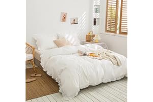 Merryword 3 Pieces Ruffled Queen Duvet Cover Set Solid Comfort Bedding Aesthetic White Shabby Duvet Cover Farmhouse Vintage Quilt Cover for Bedroom(Queen, White)