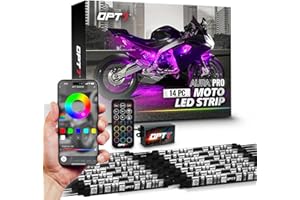 OPT7 Aura Pro 14pcs Motorcycle RGB LED Strip Lights with App & Remote Control, Multi-Color & Music Sync Neon Accent Bike Underglow Lighting Kit, 12V Handle Switch for Harley Honda Yamaha Kawasaki