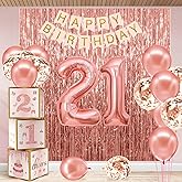 21st Birthday Decorations for Her,Happy 21st Birthday Decorations for Women Rose Gold 21 Boxes Decor for Girls Pink Rose Gold Foil Number Balloons Party Supplies Tassel Curtain