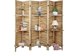 ECOMEX 6 Panel Room Divider with Shelves, 5.6Ft Wood Room Divider Fully Assembled Folding Wooden Divider Room Dividers and Folding Privacy Screens Partition Wall Dividers for Bedroom Office, Natural