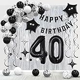 40th Birthday Decorations for Men Women- Black Silver Happy 40th Birthday Party Decor With Banner Backdrop,Number 40 Foil Balloon -Black White Balloons Garland Arch Kit for 40 Years Old Anniversary