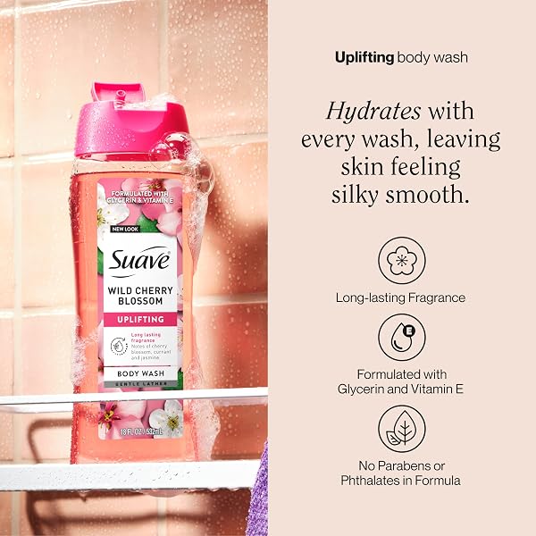 SUAVE MOISTURIZING BODY WASH, WITH WILD CHERRY BLOSSOM AND VITAMIN E EXTRACT, NO PARABENS, NO PHTAHALTES, 18 OZ PACK OF 6