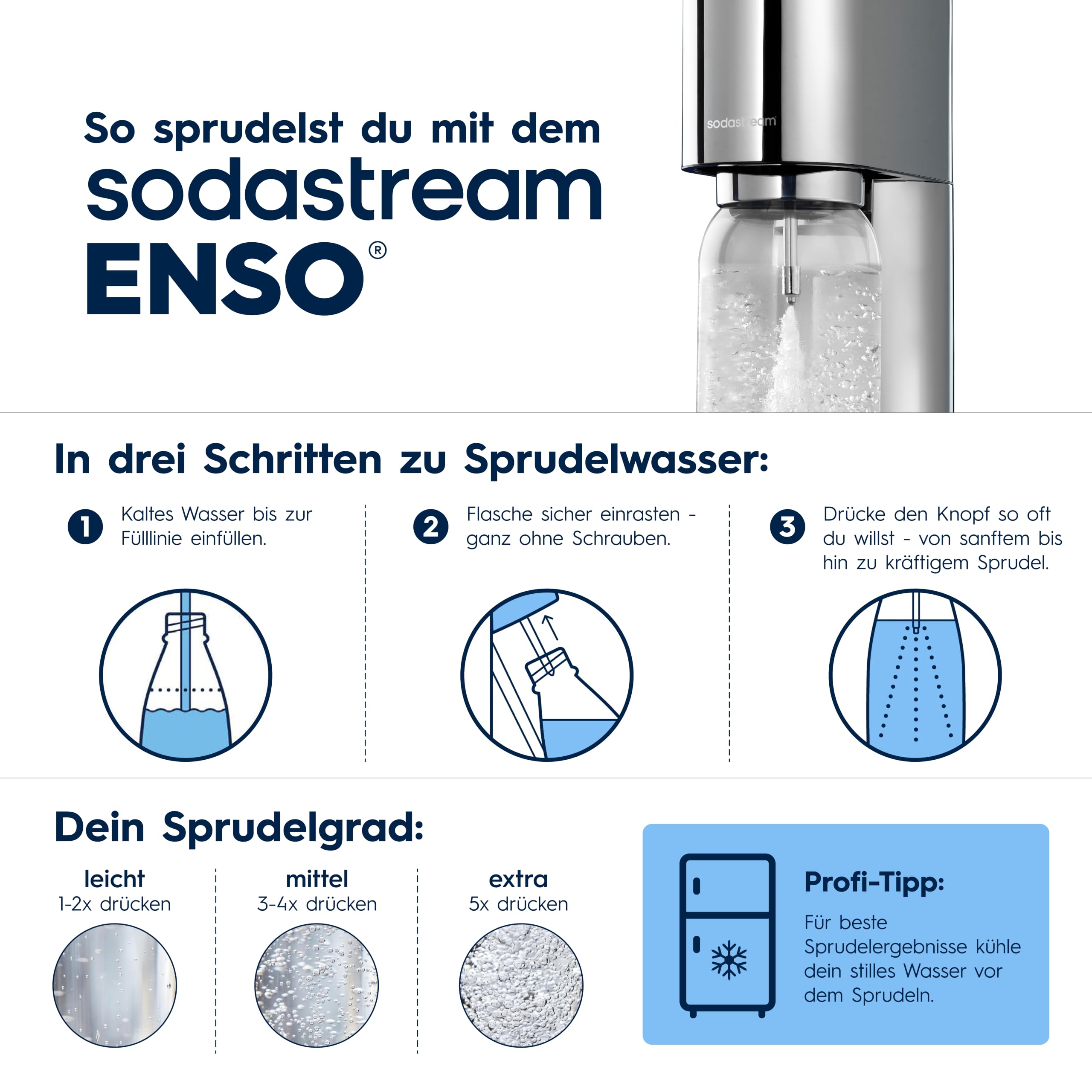 Sodastream ENSO Wassersprudler, Edelstahl Wassersprudler mit Quick Connect CO2-System, inkl. 1 CO2-Zylinder für bis zu 60L Sprudelwasser und 1 ENSO Sprudlerflasche, Sprudelwasser Maschine, Silber 5