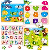 Wooden Peg Puzzles for Kids 3 4 Year Old, 4 Pack Montessori Toys Preschool Learning Puzzles for Kids with Animals, Shapes, Al