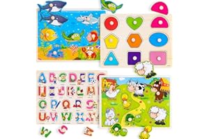 PEACURH Wooden Peg Puzzles for Toddlers 2 3 4 Year Old, 4 Pack Montessori Toys Preschool Learning Puzzles for Toddlers 1-3 with Animals, Shapes, Alphabet, Wooden Toddler Toys Gifts for Kids Boys Girls
