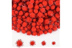 NACHLYNN 1000 Glitter Pom Poms Bulk 4 Sizes Assorted Soft Fluffy Pom Poms for Crafts DlY Decorations Activities with A Storage Bag (Red)