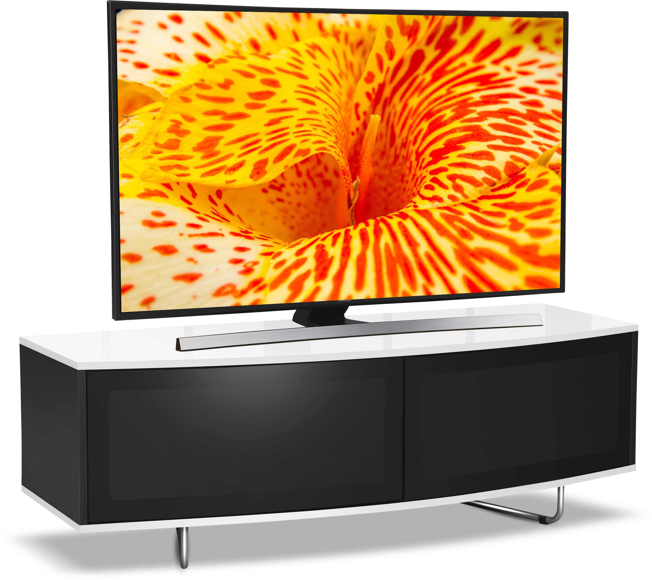 Centurion Supports Caru Gloss Black and Gloss White Beam-Thru Remote Friendly Super-Contemporary D Shape Design 32"-65" LED/OLED/LCD TV Cabinet