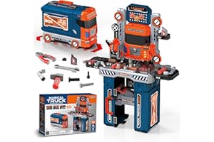 ShyLizard 65 Pcs Kids Tool Set, 2-in-1 Kids Tool Box & Bench, Toddler Tool Set with Electric Drill and Power Miter Saw, Workbench for Boys Age 3 4 5 6 7 8 Year Old