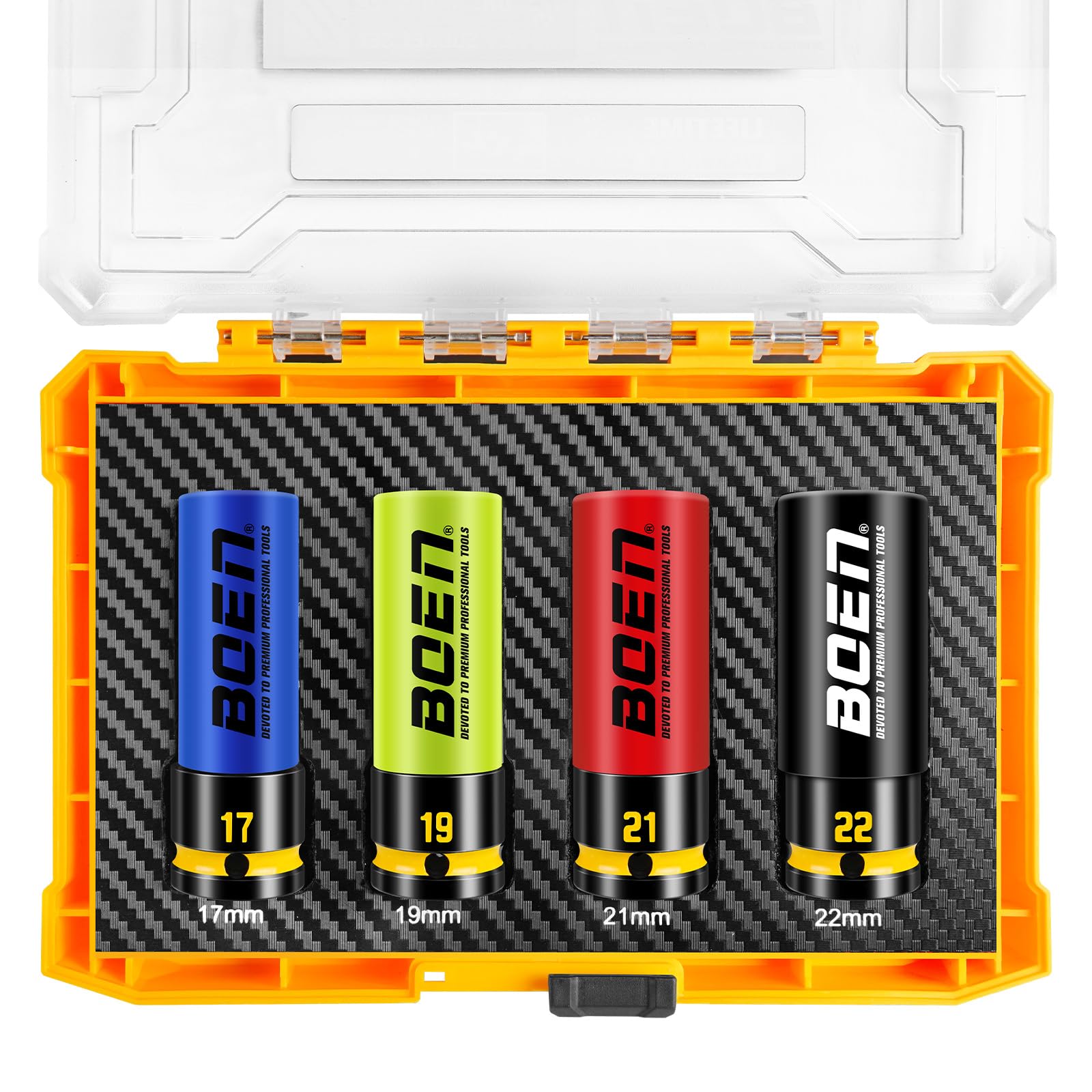 Photo 1 of BOEN 1/2" Drive Impact Lug Nut Socket Set, 4 Pieces Non-Marring Thin Wall Wheel Protector Nut Socket, Metric (17, 19, 21, 22) mm, Color-Coded and Embossed and Painted Marking, CR-MO Steel