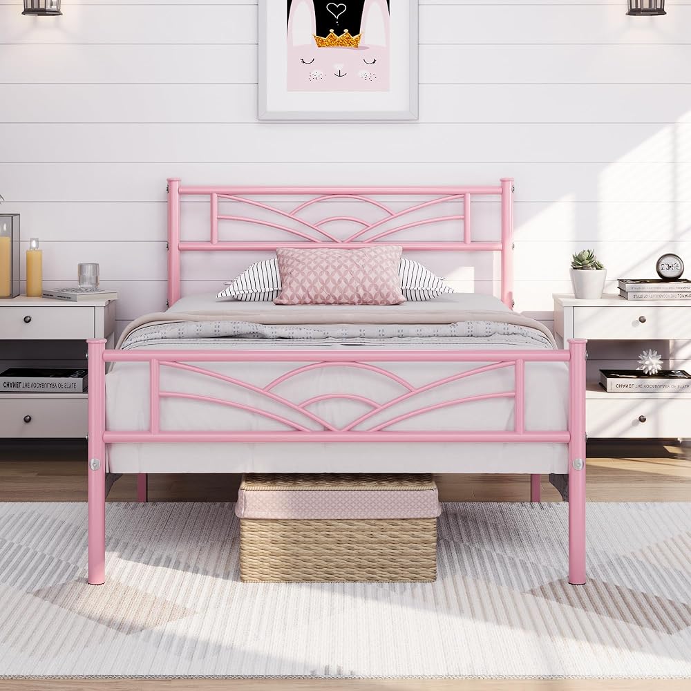 Yaheetech 3ft Single Bed Metal Slatted Frame Cloud Headboard Pink
