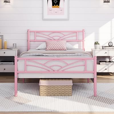Yaheetech 3ft Single Bed Metal Slatted Frame Cloud Headboard Pink