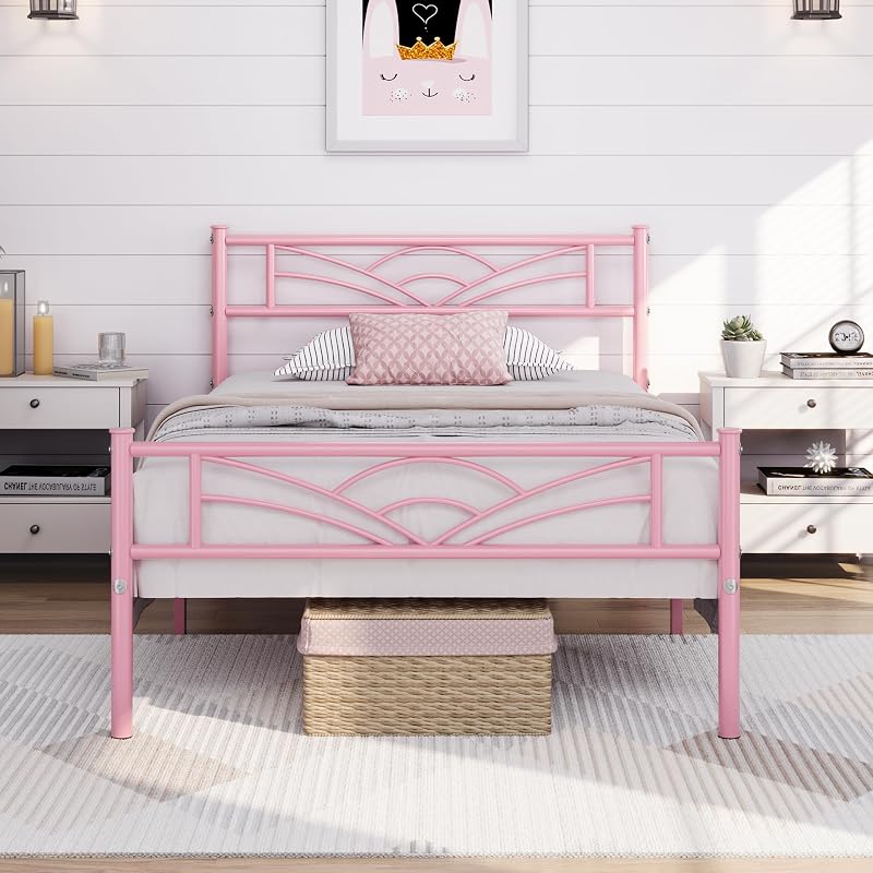 Yaheetech 3ft Single Bed Metal Slatted Frame Cloud Headboard Pink