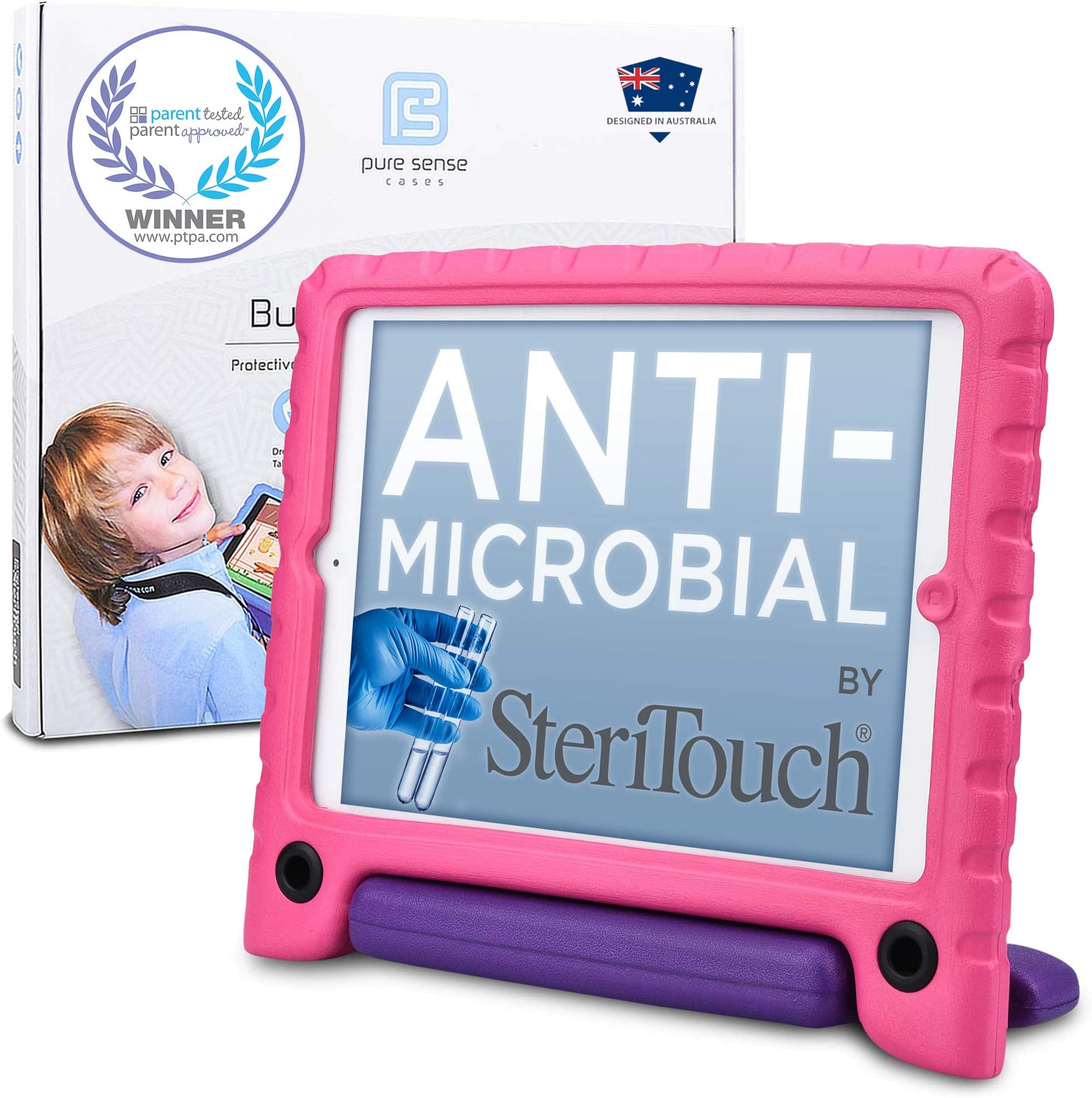 Pure Sense Buddy [Anti-Microbial Kids Case] for Apple iPad Air 1 | Full Kit: Case, Strap, Screen Protector, Spray | A1474 A1475 A1476 (Pink)