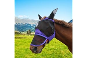Horse Fly Mask-Full Face with Long Nose and Ears | UV Protection and Breathable Design | Suitable for Most Horses（Purple）