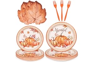DECORLIFE Large Thanksgiving Plates and Napkins Set for 24 Guests, 10.25" Pumpkin Plates, Leave shaped Napkins, 7" Forks for Friendsgiving, Fall Party Supplies, Total 96PCS