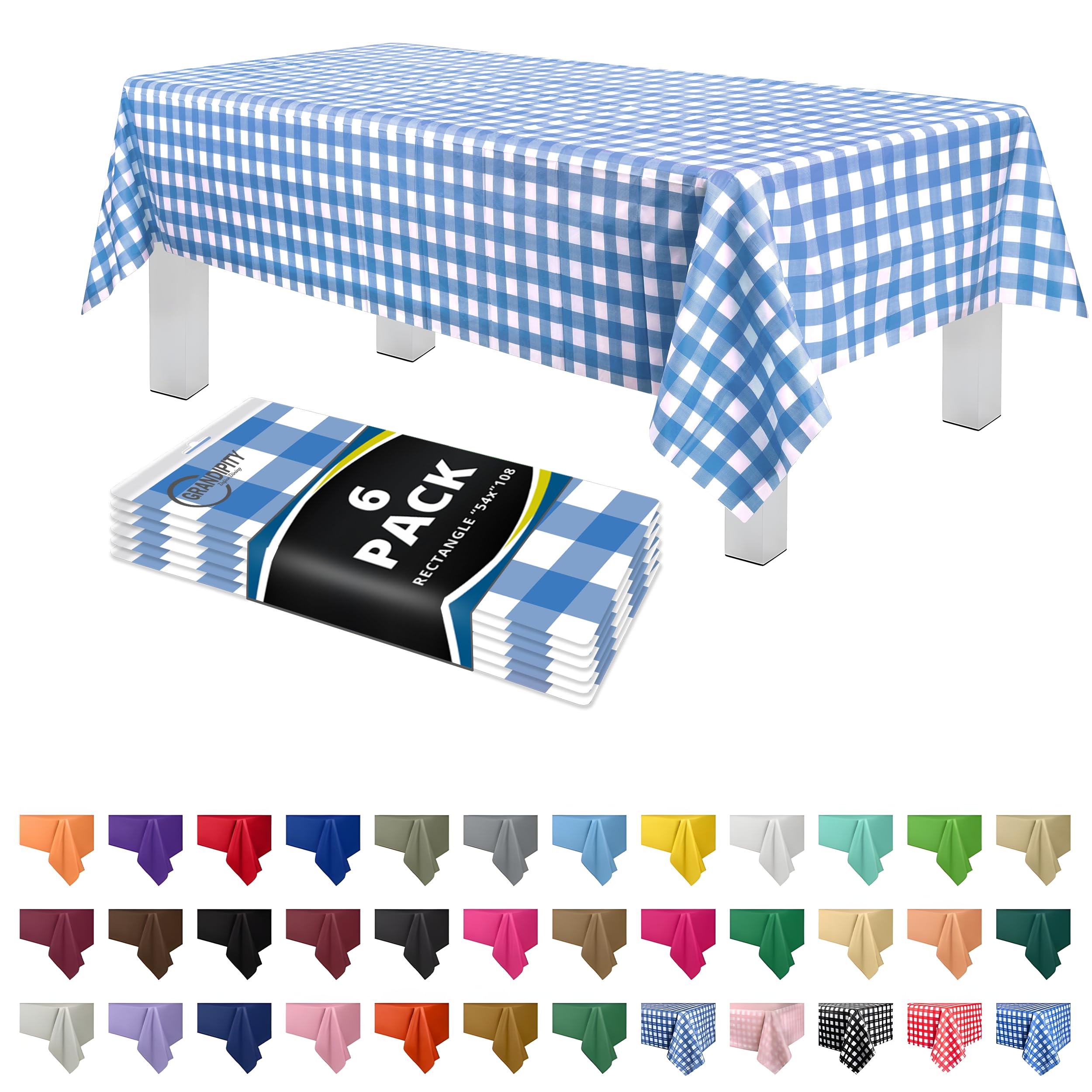 Blue Gingham Checkered 6 Pack Premium Plastic Tablecloth 54 Inch. x 108 Inch. Rectangle Table Cover