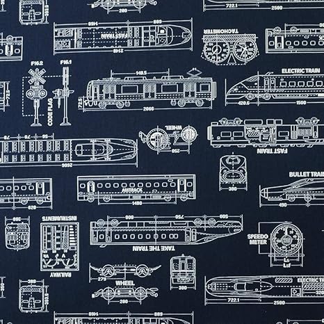 Amazon オックス 生地 鉄道設計図 布 綿 50cm単位販売 男の子 電車 ネイビー 布 生地 通販