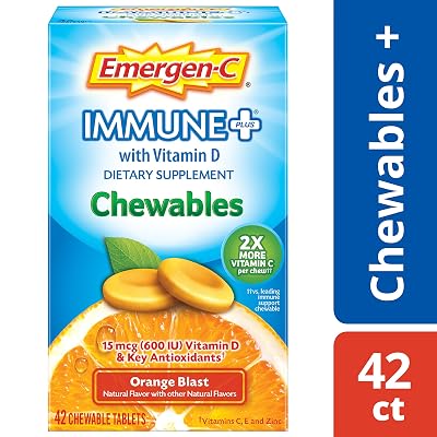 Emergen-C Immune+ Chewables Vitamin C 1000mg With Vitamin D Tablet (42 Count, Orange Blast Flavor) Immune Support Dietary Supplement