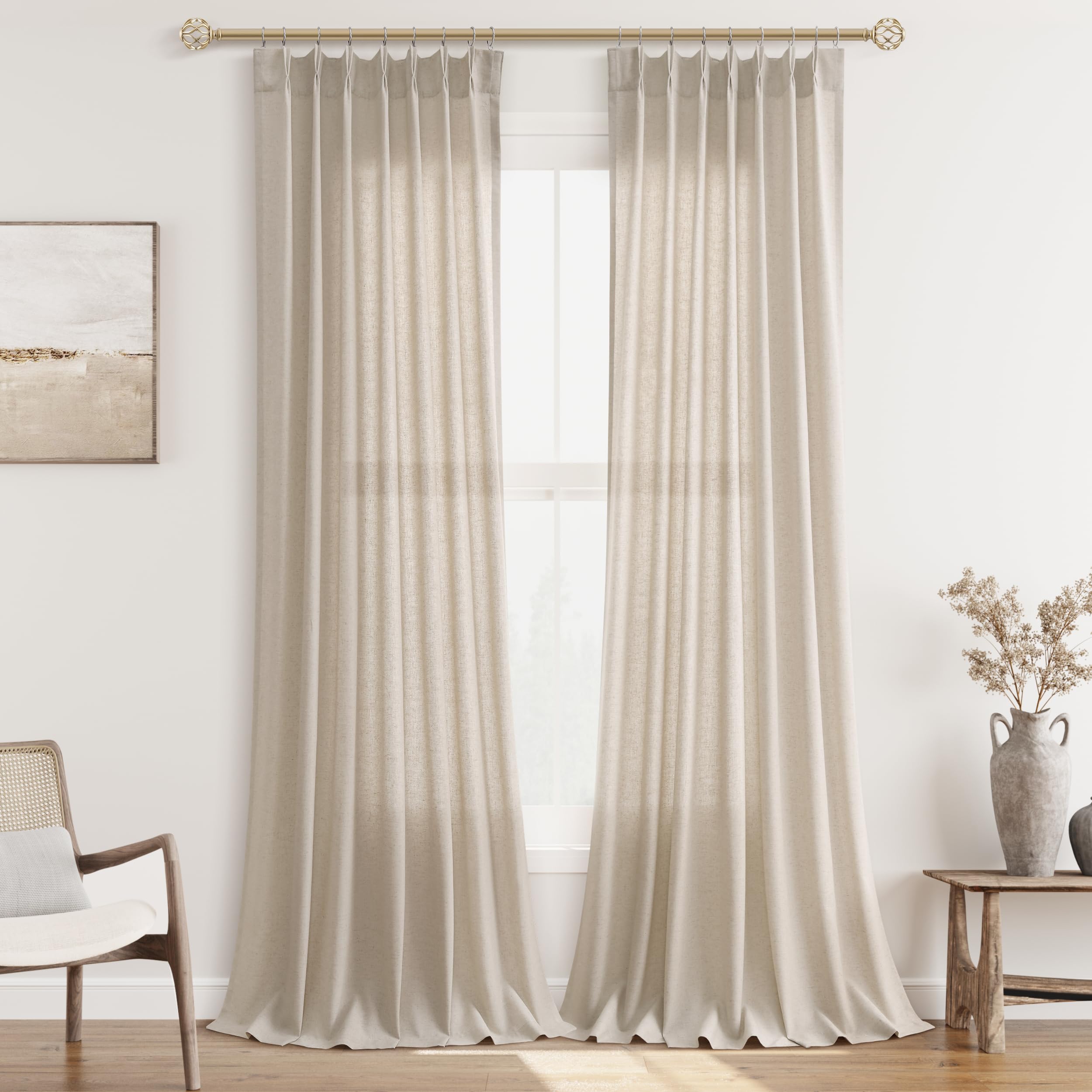 Photo 1 of Aersas Light Brown Pinch Pleat Linen Curtains 102 Inch Length 2 Panels Set for Bedroom Dinging Room Semi Sheer Boho Farmhouse Neutral Window Curtains 102 Inches Long for Living Room Nursery 40x102