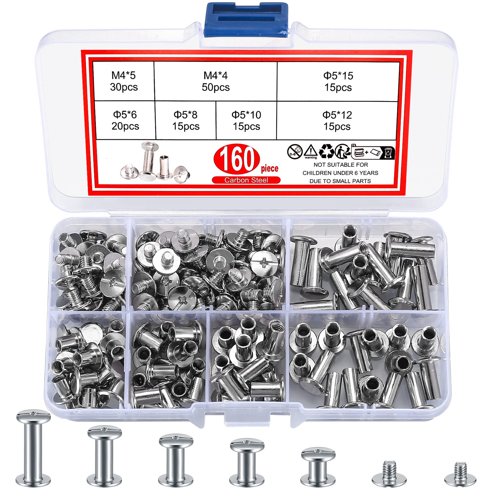 160 Pcs Chicago Binding Screws, Book Binding Rivets, Cross Head Chicago Button Screws for Leather Belt DIY Book Scrapbook Albums, 4/5/6/8/10/12/15mm