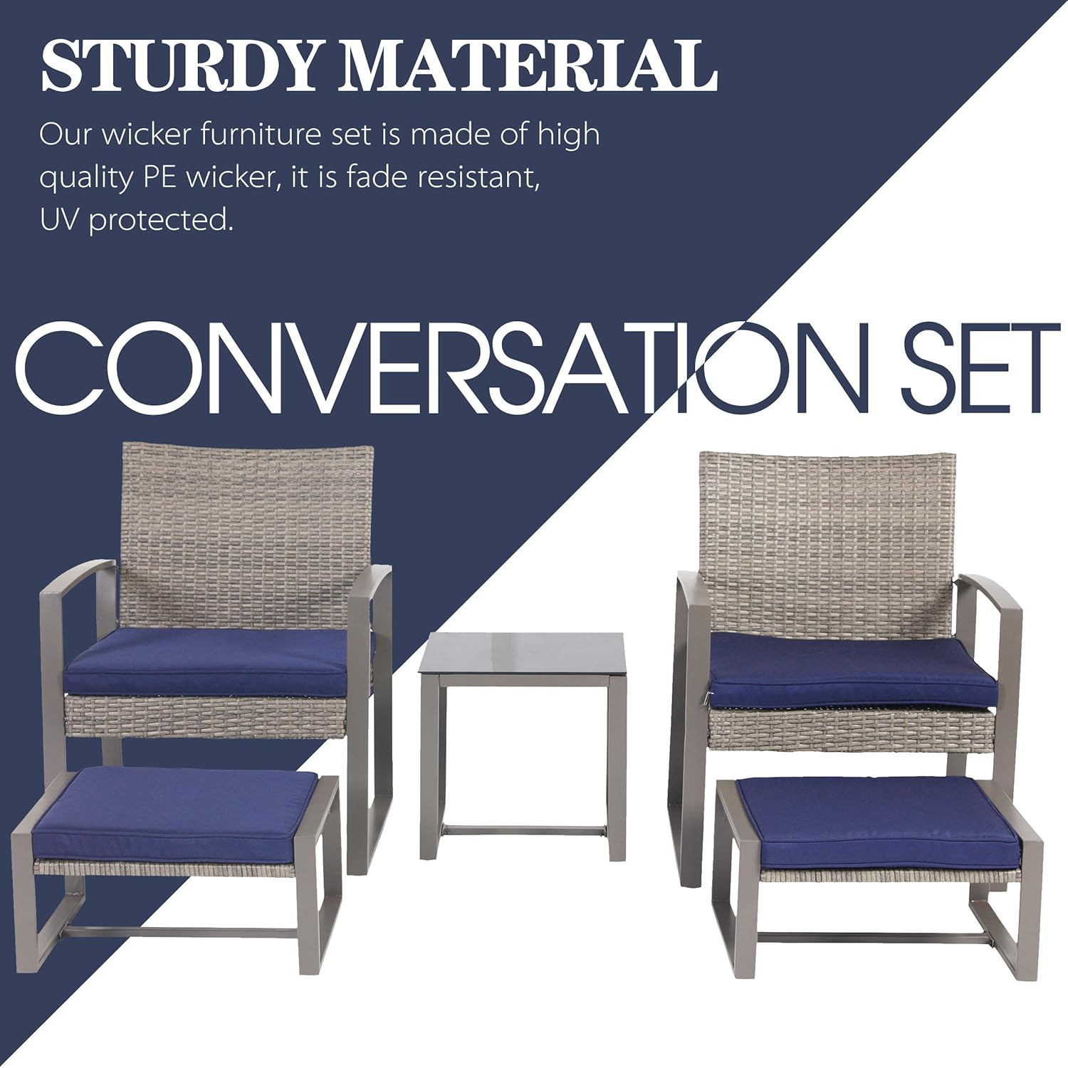 LOKATSE HOME 5-Piece Wicker Outdoor Conversation Set Patio Furniture PE Rattan All Weather Cushioned Chairs Balcony Porch with Ottoman and Glass Coffee Side Table, Blue: Garden & Outdoor
