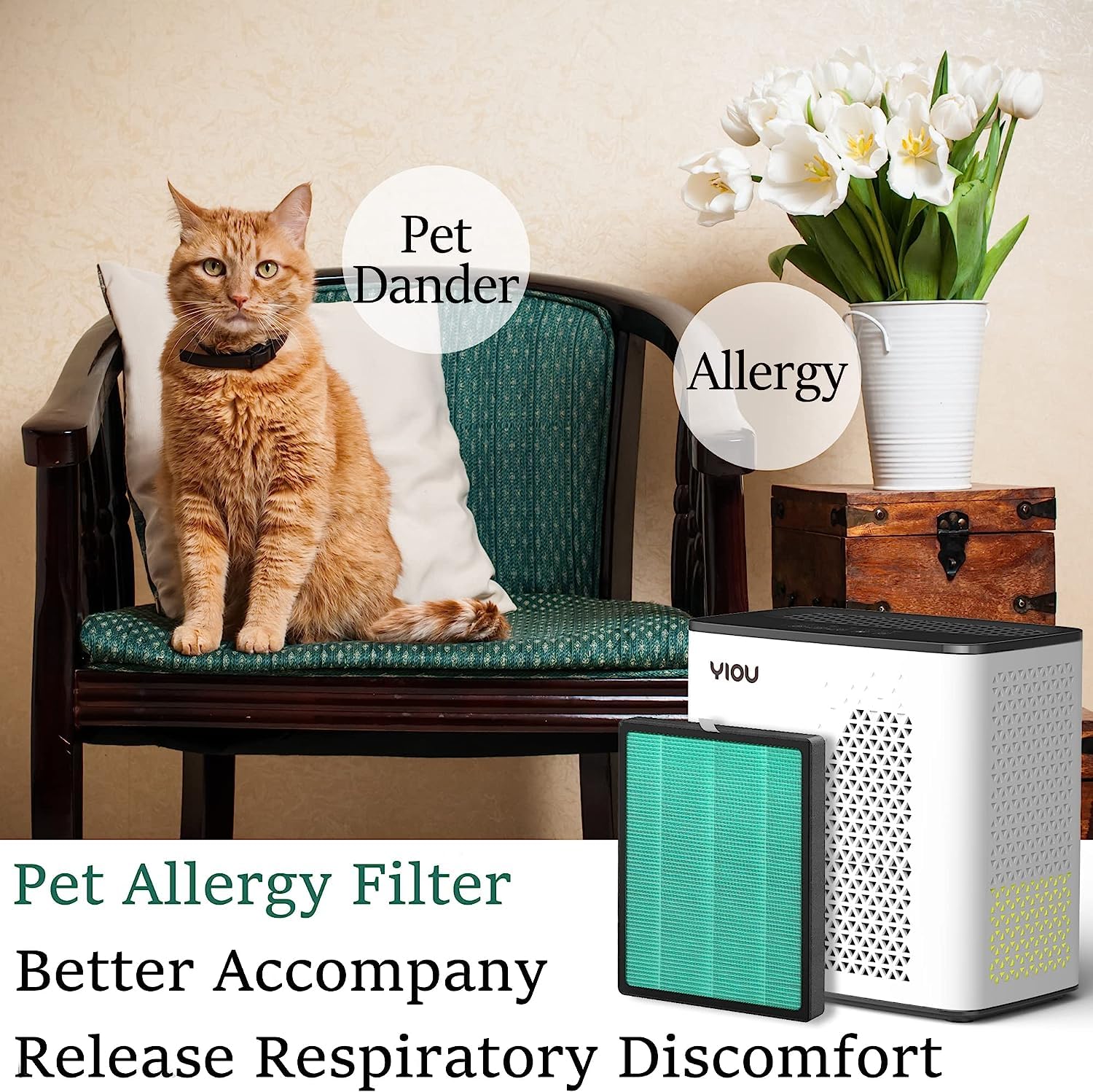 YIOU Air Purifier for Bedroom Home, Large Room Up to 1295 Ft², H13 True HEPA Filter for Pets Hair, Wildfires, Smoke, Dander, Pollen, Quiet 20dB Air Cleaner for Office Living Room Kitchen Dorm, White