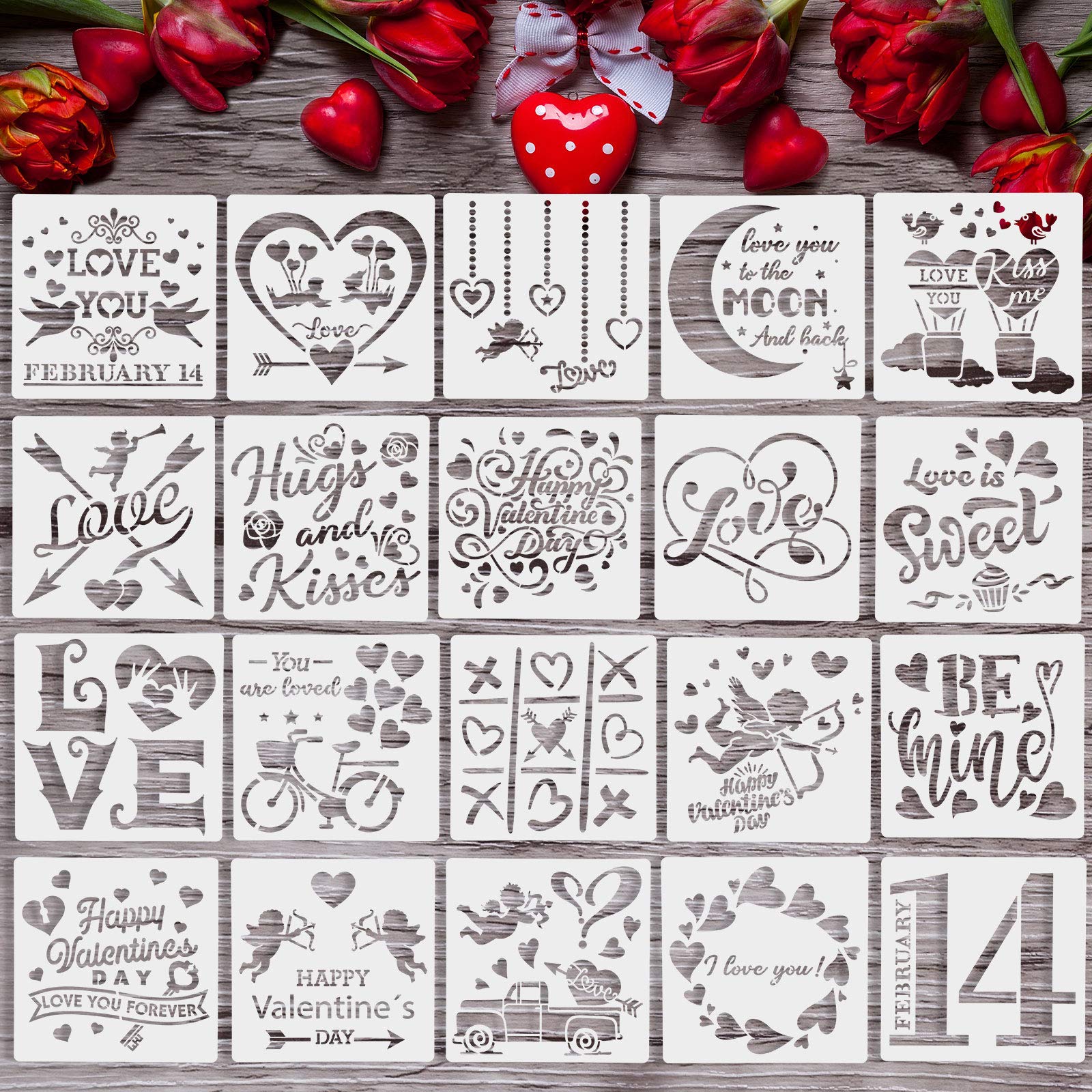 20 Pieces Valentine's Day Stencils Valentine Drawing Painting Templates Reusable Plastic Template Stencils for Valentines Painting on Wood Envelopes DIY Craft Decoration Supplies