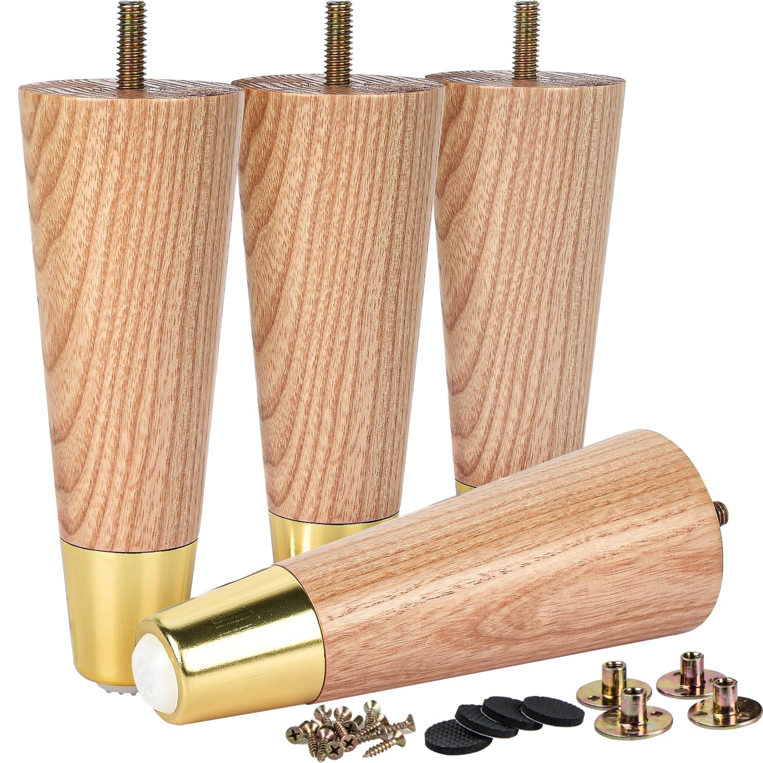 La Vane 8 Inch / 20cm Ash Wood Furniture Legs with Gold Caps, Set of 4 - Mid-Century Modern Tapered & Varished Replacement Feet with Bolt & Plate for Sofa, Couch, Bed, Armchair