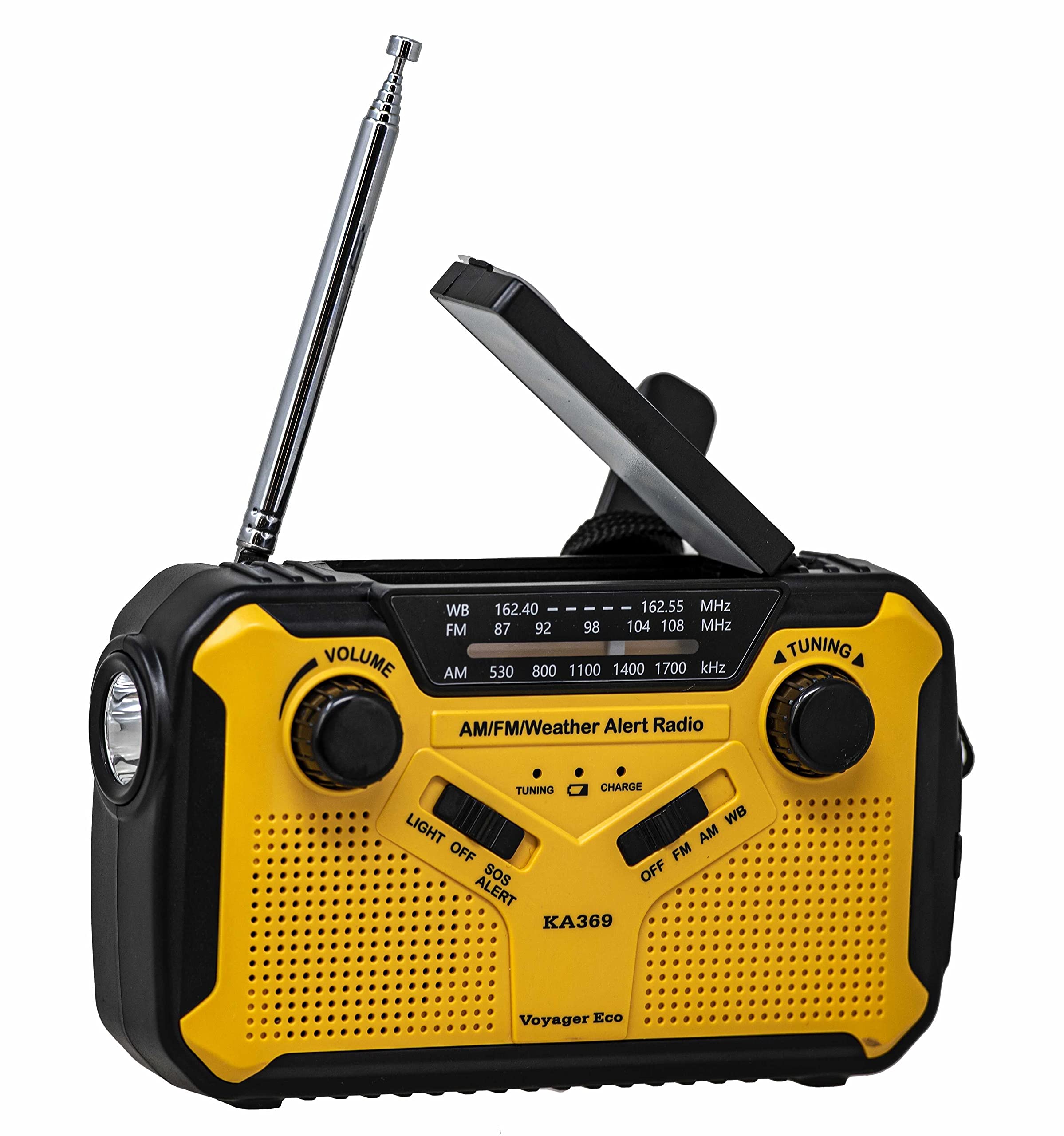 Kaito Voyager ECO Emergency Radio KA369 AM/FM NOAA Weather Alert 5-Way Powered Solar Crank Radio Receiver with LED Flashlight and USB Mobile Phone Charger Yellow