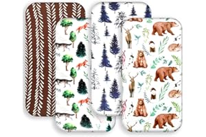 REZIPO 4 Pack Bassinet Sheets Woodland Forest Animals Wood Tree Neutral Unisex Fitted Baby Bassinet Sheets Set for Baby Boys 
