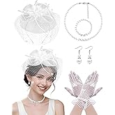 1920s Vintage Fascinators Hat Set for Women Tea Party Hats Feather Headband Lace Gloves Set