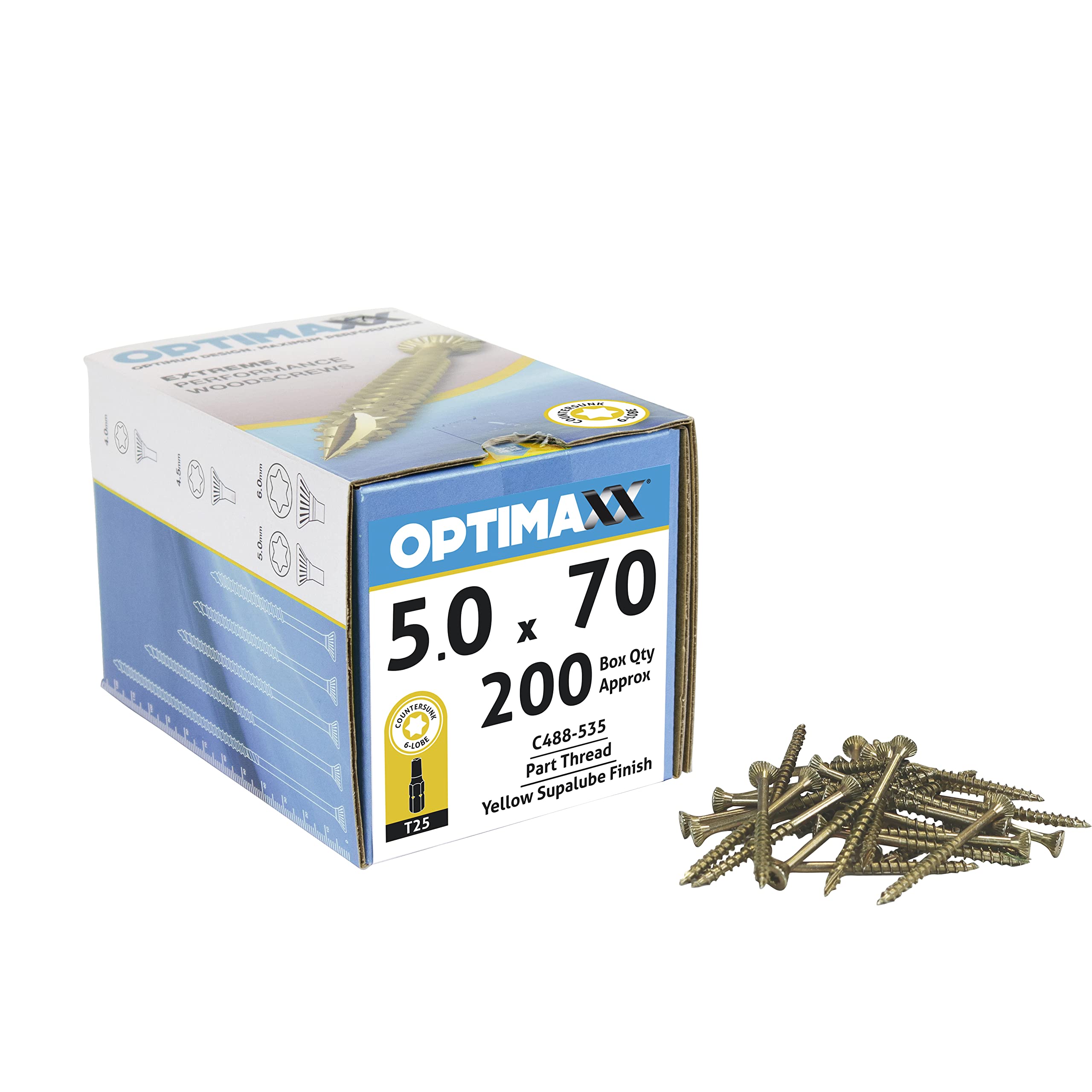 OPTIMAXX Torx Drive Woodscrews - 5.0 x 70mm - Box of 200 - Zinc - Double Reinforced Collar With Countersink - Razor Sharp Saw-Tooth Formation