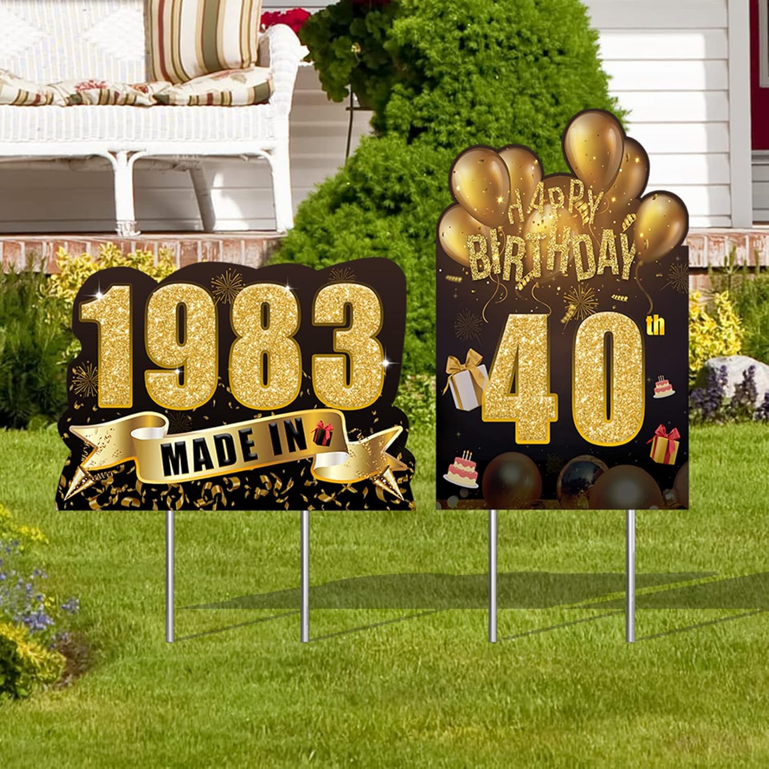 Yard Signs - 2pcs Black Gold 40th Birthday Decorations Men And Women Yard Sign With Plastic Bracket, Happy 40th Birthday Made In 1983 Lawn Sign Yard Signs Stakes, 40th birthday yard signs Decor With Stakes (Black Gold-40th)
