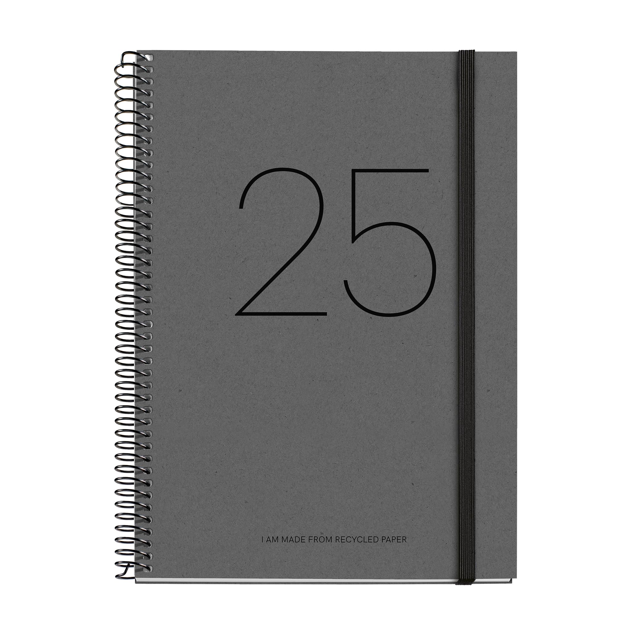 Miquelrius - 2025 Diary, Yearly Diary 155 x 213 mm, Day Page Agenda, Recycled Cover Lined Cardboard, Recycled Paper 100 g/m², Rubber Closure, Catalan, English and Portuguese, Recycled Diary Black