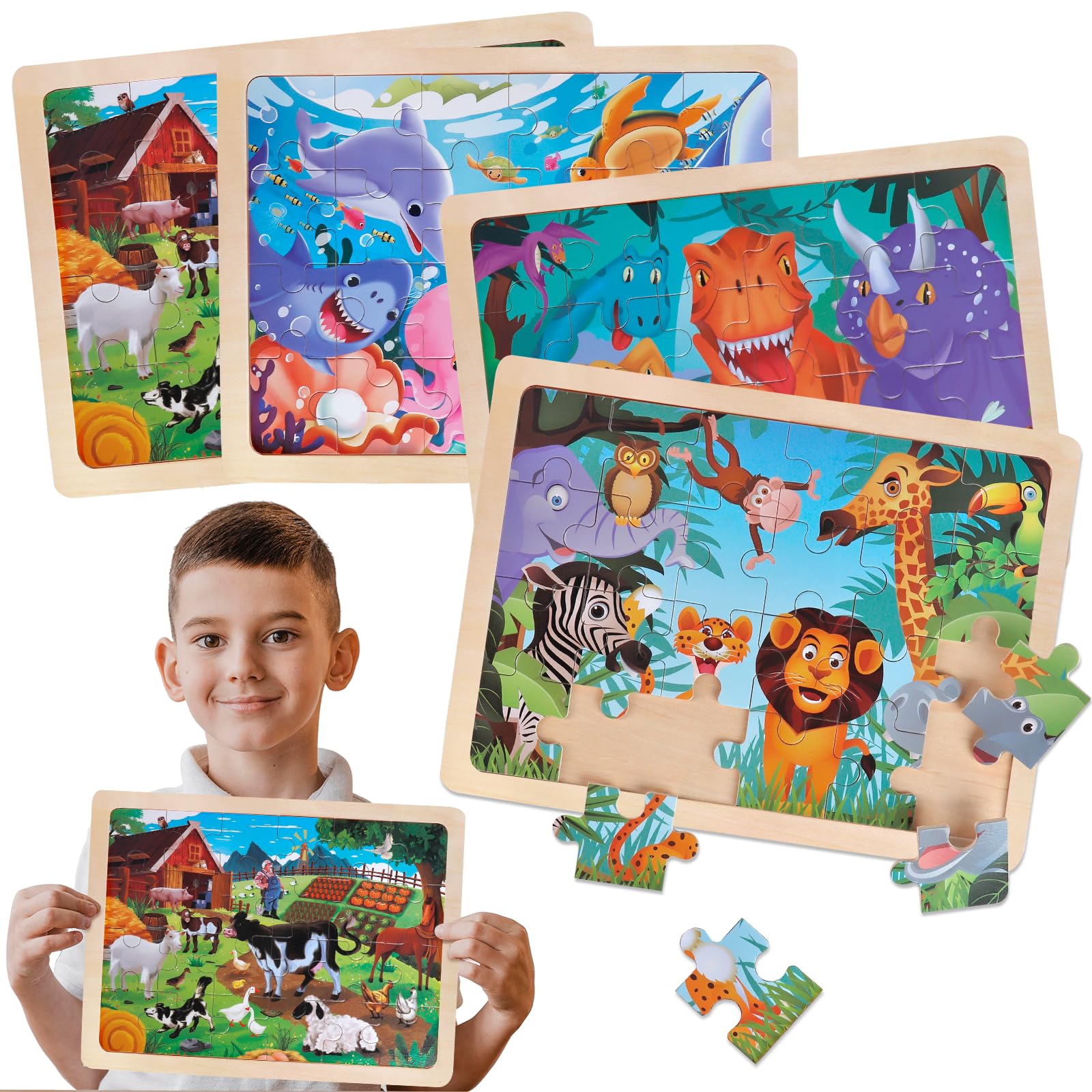 Holzpuzzle ab 3 Jahren, 4x24 Teile Tiere & Dinosaurier