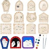 DIYASY 12 Set Wood Ghost DIY Frames Craft, Cute Unfinished Wooden Ghost | Wood Painting Art Crafts Ornaments with Paint Colors & Brush for Halloween Spooky Home Wall Decoration Party Favors Supplies